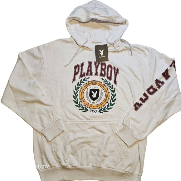 Playboy Hoodie Extra Large White Sweatshirt Sweater Pullover Logo New With Tags - Picture 1 of 5